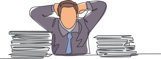 Single continuous line drawing of young frustrated businessman got headache facing pile of papers project on his desk. Overtime work at the office concept one line draw design illustration png