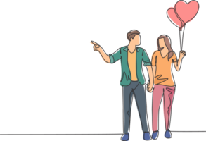 een single lijn tekening van jong gelukkig Mens en vrouw paar nemen een wandelen samen en Holding een hart vormig ballon. romantisch huwelijk liefde concept doorlopend lijn trek ontwerp illustratie png