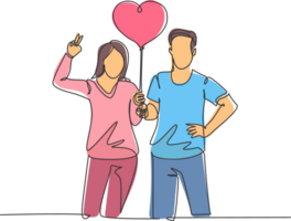 ett enda linje teckning av ung Lycklig man och kvinna par ta en promenad på allmän park tillsammans och innehav hjärta form ballong. äktenskap årsdag begrepp kontinuerlig linje dra design illustration png