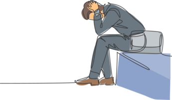 Single continuous line drawing of depression young worker sitting on chair and holding his head because of confused. Work pressure at the office concept one line draw design illustration png