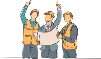 Single continuous line drawing of young architect holding blueprint and discussing building construction with foreman. Design architecture concept one line draw design graphic illustration png