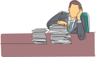 Single continuous line drawing of stressful finance manager facing pile of document papers on his desk office. Work overload project concept. Modern one line draw design graphic illustration png