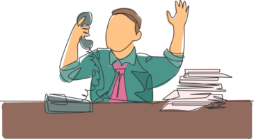 Single continuous line drawing of young bored male worker receiving phone call from customer behind stack of paper. Daily overload job at the office concept. One line draw design illustration png