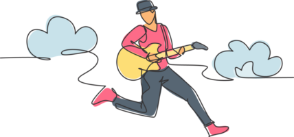 Célibataire ligne dessin de Jeune énergique guitariste sauter à étape et en jouant le sien électrique guitare. énergique musicien artiste performance concept. continu ligne dessiner conception illustration png