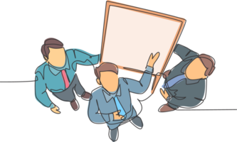 One continuous line drawing of young happy business men meeting using flip chart from top view. Business executive presentation teamwork concept. Single line draw design graphic illustration png