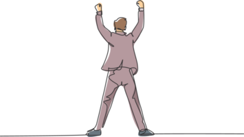 One single line drawing of young happy business man standing and fist his hands to the air to celebrate his success, back view. Business deal concept continuous line draw design illustration png