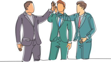 Single line drawing of young happy businessmen celebrate their successive business and giving high fives gesture. Business deal concept continuous line draw graphic design illustration png