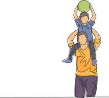 One line drawing of young happy father lift up his son while holding a ball on the shoulder and playing together. Parenting family concept. Continuous line draw design graphic illustration png