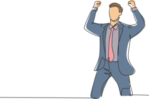One single line drawing of young happy CEO standing and fist his hands to the air to celebrate new funding from investor. Business funding concept continuous line draw design illustration png