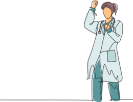 One single line drawing of young happy female doctor fist his hands to the air to celebrate his success treat the patient. Medical health care concept continuous line draw design illustration png