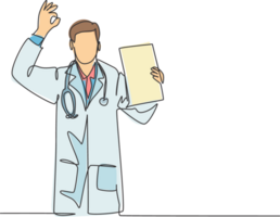 One single line drawing of young happy male doctor showing medical to do list task on clipboard and giving good hand gesture. Medical checkup concept continuous line draw design illustration png