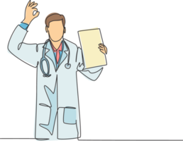 uno singolo linea disegno di giovane contento maschio medico mostrando medico per fare elenco compito su appunti e dando bene mano gesto. medico verifica concetto continuo linea disegnare design illustrazione png