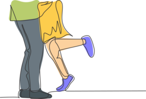 un continu ligne dessin de Jeune content homme et femme couple jambes, essayer à étreinte et baiser chaque autre. romance mariage proposition récit concept Célibataire ligne dessiner conception graphique illustration png