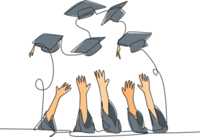One single line drawing of group of college student throw their cap to the air to celebrate their school graduation. Undergraduate education concept continuous line draw design illustration png
