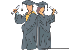 un continu ligne dessin de Jeune content couple diplômé Université étudiant tenir papier et célébrer leur l'obtention du diplôme de université. éducation concept. Célibataire ligne dessiner conception illustration png