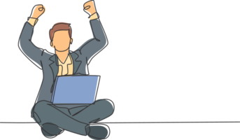 One single line drawing of young happy male manager sitting on floor and clenched fist raise in the air while on a laptop. Success business deal concept continuous line draw design illustration png