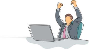 One single line drawing of young happy male manager sitting on chair and clenched fist raised in the air in front of computer. Success business deal concept continuous line draw design illustration png