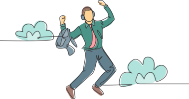 One line drawing of young happy business man carrying a suit jumping over the cloud while listening music. Business success celebration concept continuous line draw design graphic illustration png