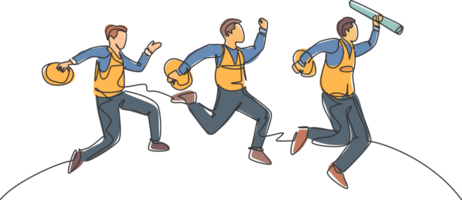 One line drawing of young happy worker construction and architect jumping to reach his business target together. Business team goal concept continuous line draw graphic design illustration png