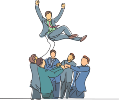 One line drawing of young happy business man thrown into the air by his friend to celebrate his successive business. Job promotion concept continuous line graphic draw design illustration png