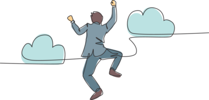 One line drawing of young happy and energetic business man punching a fist into the air and jumping over the cloud. Business success celebration concept continuous line draw design illustration png