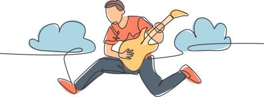 Single line drawing of young energetic guitarist jumping at stage and playing his electric guitar. Energetic musician artist performance concept. Continuous line draw design illustration png