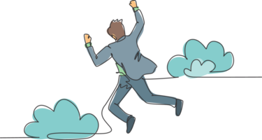 One line drawing of young happy and energetic business man punching a fist into the air and jumping over the cloud. Business success celebration concept continuous line draw design illustration png