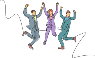 One line drawing of young happy business man and business woman jumping to celebrate their successive business. Business deal celebration concept. Continuous line draw design illustration png