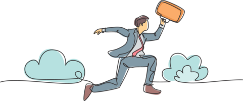 One line drawing of young happy and energetic business man carrying a briefcase jumping over the cloud. Business agility concept. Continuous line draw design illustration png