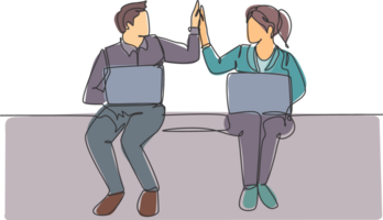 One line drawing of young happy couple business man and business woman opening their laptop and giving high five gestures. Business teamwork concept. Continuous line draw design illustration png