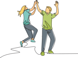 Single line drawing of young happy couple male and female so happy and jumping give high five gesture together. Business teamwork concept. Continuous line draw design graphic illustration png
