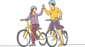 uno línea dibujo de joven contento Pareja masculino y hembra tomar un caminar con bicicleta juntos y dando alto cinco gesto. romántico relación concepto. continuo línea dibujar diseño ilustración png