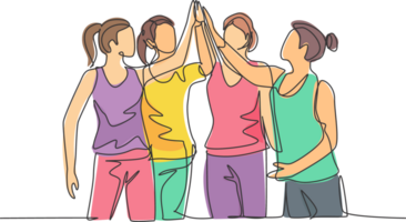 ett linje teckning av grupp av ung Lycklig kvinnor ger hög fem gester efter håller på med några aerobics övning på gymnasium tillsammans. kondition begrepp kontinuerlig linje dra design illustration png