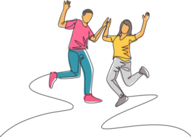 Single line drawing of young happy student couple jumping to celebrate their final exam result graduation together. Campus life education concept. Continuous line draw design illustration png