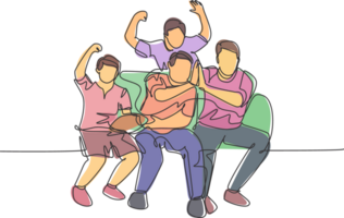 One single line drawing of young happy group fans siting on sofa and watching their favorite club playing the match on the television. Fans club concept continuous line draw design illustration png