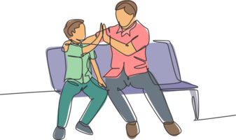 Single line drawing of young happy father sitting relax on wood bench next to his kid and giving high fives gesture. Parenting family concept. Continuous line draw design graphic illustration png