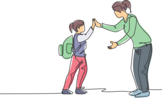 One line drawing of female teacher meet one of her student at school and giving high five gesture. School education activity concept. Continuous line draw design graphic illustration png