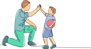 One line drawing of young happy father bow his body to give high five gesture to his boy and giving high five gesture. Parenting family care concept. Continuous line draw design illustration png