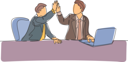 One line drawing of businessmen celebrating their successive target at the business meeting with high five gesture. Business deal concept continuous line draw design graphic illustration png