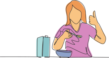 uno línea dibujo de joven contento mujer comiendo desayuno con cereal y Leche y dando pulgares arriba. sano nutrición comida concepto. continuo línea dibujar diseño gráfico ilustración png
