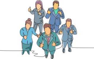 ett linje teckning av grupp av affärsmän och affärskvinna ger tummen upp gest från topp se. företag möte och lagarbete begrepp. kontinuerlig linje dra design illustration png