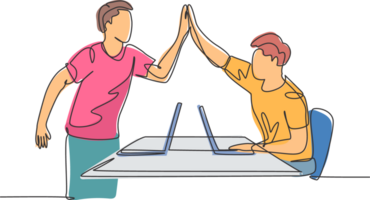 One line drawing of young happy start up founders celebrating their successive goal at the business meeting with high five gesture. Business deal concept continuous line draw design illustration png