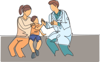 enda linje teckning av ung Lycklig manlig läkare kontroll upp sjuk patient pojke och ger hög fem gest. medicinsk sjukvård på sjukhus begrepp kontinuerlig linje dra grafisk design illustration png