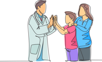 Single line drawing of young happy male doctor checking up sick patient boy and giving high five gesture. Medical healthcare concept continuous line draw design graphic illustration png