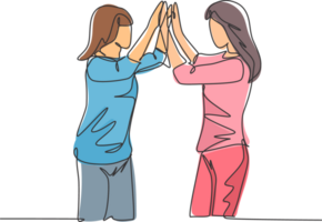 Single line drawing of two young happy women jumping and giving high five gesture to celebrate business successful. Friendship concept continuous line draw design graphic illustration png