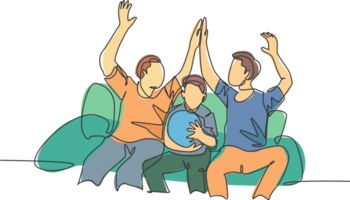 One line drawing of fans siting on sofa and watching their favorite club playing the match on television and giving high five gesture. Fans club concept continuous line draw design illustration png