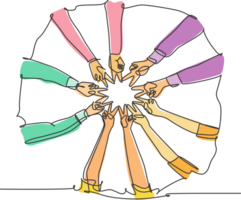 One line drawing of young happy people join their hands together to show teamwork and unity and create circle shape. Team building concept continuous line draw design graphic illustration png