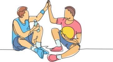 One line drawing of two young happy men take a rest after playing basketball at court and giving high five gesture. Sport game concept continuous line draw graphic design illustration png