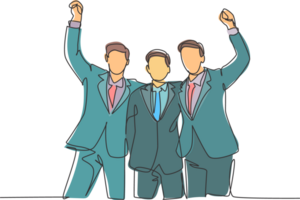 One line drawing of three young happy businessmen celebrating their successive target at the business meeting with high five gesture. Business deal concept continuous line draw design illustration png