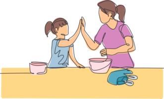 Célibataire ligne dessin de mère et fille en train de préparer à cuisinier certains biscuits à le cuisine et donnant haute cinq geste. parentalité concept continu ligne dessiner conception graphique illustration png